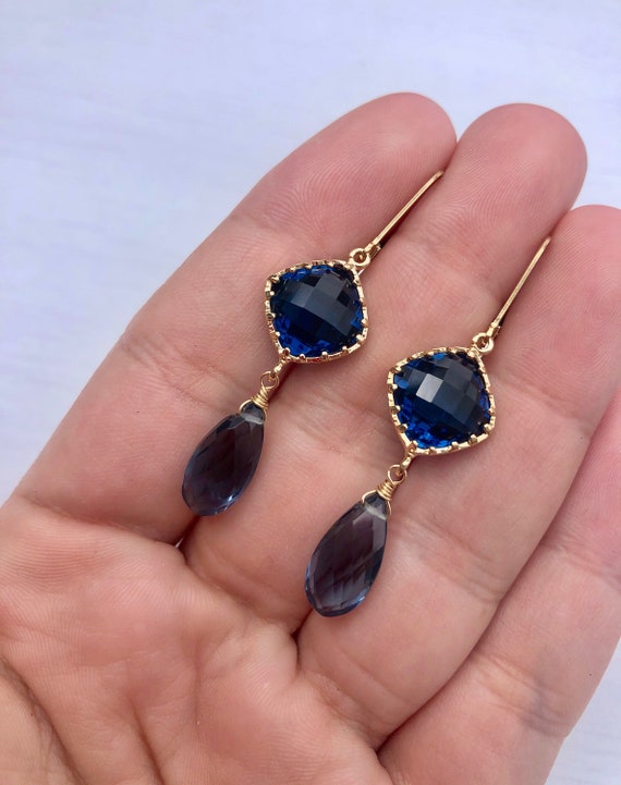 Navy blue and gold drop earrings sale