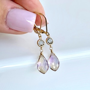Ametrine Earrings, February Birthstone, Ametrine and Mystic Topaz Dangle Earrings in Gold, Elegant Gemstone Jewelry, Holiday Gift for her