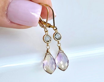 Ametrine Earrings, February Birthstone, Ametrine and Mystic Topaz Dangle Earrings in Gold, Elegant Gemstone Jewelry, Holiday Gift for her