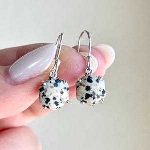 May include: A pair of dangle earrings featuring hexagonal-shaped dalmatian jasper stones with black spots on a cream background. The stones are set in silver-colored metal with a hook closure.