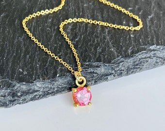 Pink Tourmaline Necklace, Tiny Hot Fuchsia Tourmaline Round Pendant in Gold, October Birthstone, Minimalist Layering Jewelry, Mom Gift