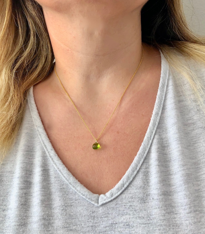 Peridot Necklace, August Birthstone, Lime Green Necklace, Tiny Peridot Pendant, Minimalist Drop Layering Necklace, Gift for her under 30 image 3