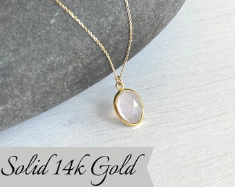 Rose Quartz Necklace, Solid 14k Gold Necklace, Small Pink Genuine Rose Quartz Pendant, Unconditional Love, Minimalist Birthday gift for her