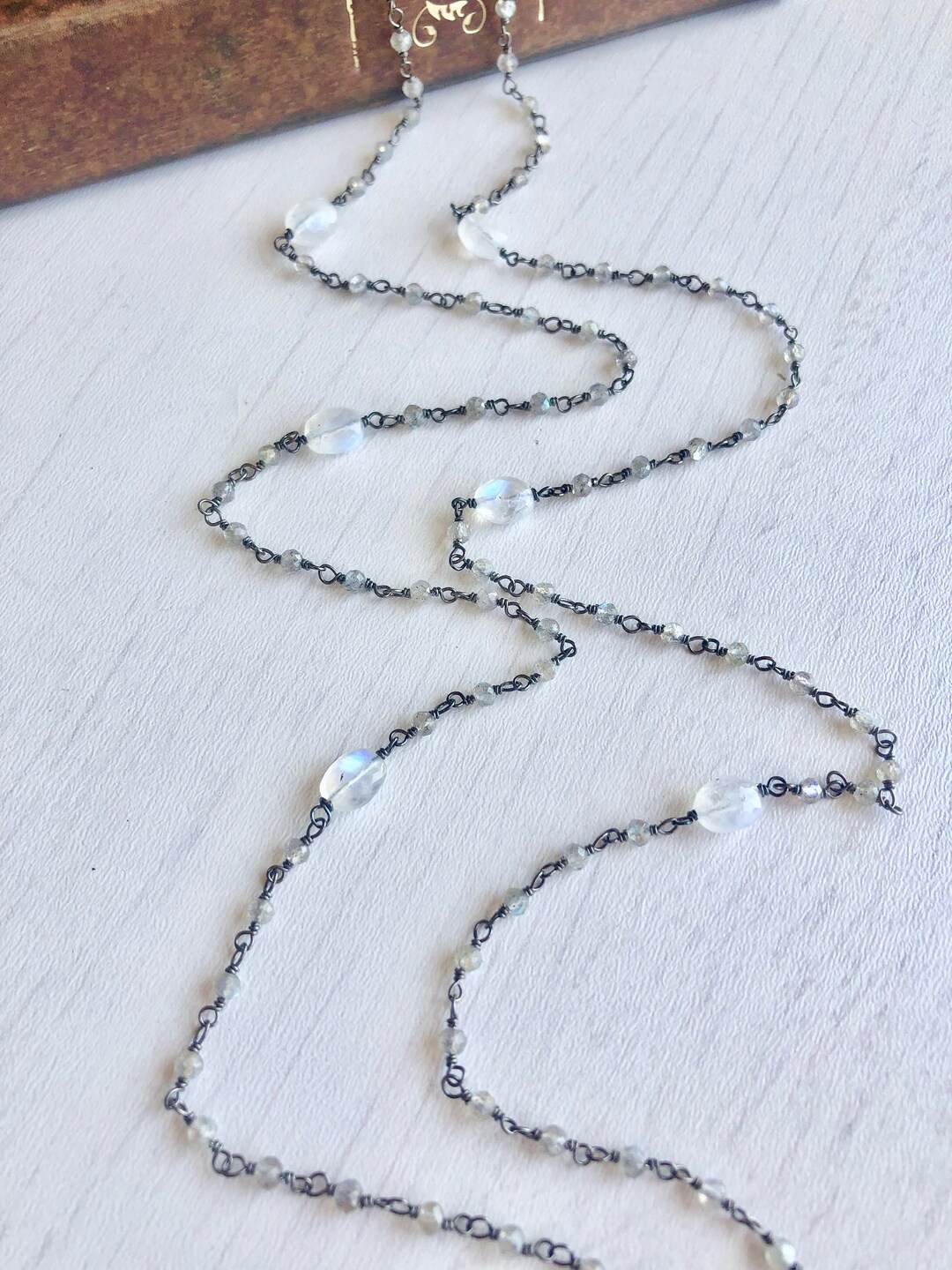 •NYX• rainbow moonstone + labradorite mixed metal necklace (26