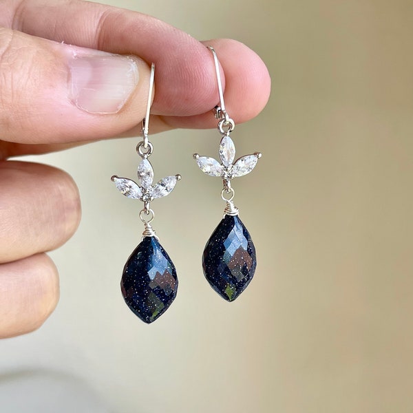 Blue Sparkle Stone Silver Earrings Etsy