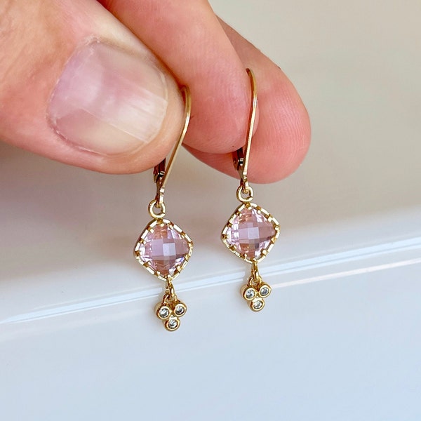 Pink Topaz Earrings, Tiny Mauve Pink Diamond Shape Earrings, Small Dangle Drops Gold or Silver, Summer Earrings, Holiday Gift for Girl Mom