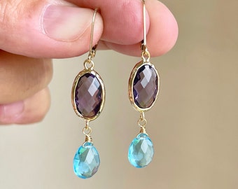 Amethyst and Aquamarine Earrings, February Birthstone, Statement Earrings in Gold or Silver, Purple and Blue Jewelry, Gift for Mother's Day
