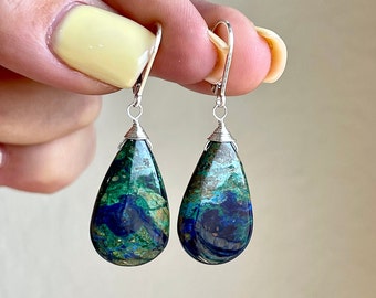 Azurite Malachite Earrings, Blue and Green Pattern Teardrop Earrings in Sterling Silver, Elongated Azurite Smooth Drops, Elegant Mom Gift