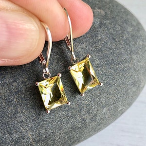 Citrine Earrings, Yellow Citrine Emerald Cut Dangle Drops in Gold or Silver, November Birthstone, Summer Yellow Jewelry, Gift for women Sterling Silver