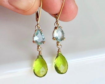 Peridot and Aquamarine Earrings, Aqua and Green Dangle Earrings in Gold, August Birthstone, Summer Earrings, Elegant Mother's Day Gift