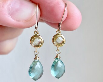 Citrine and Green Amethyst Earrings, Teal Green and Yellow Statement Earrings in Gold, February and November Birthstone, Elegant Gift Mom