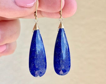 Lapis Lazuli Earrings, Dark Navy Blue Teardrop Earrings in Gold Filled, Elongated Royal Blue Faceted Drops, Elegant Lapis Holiday Mom Gift