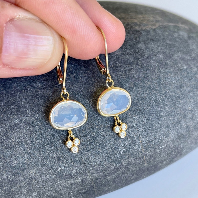 Opalite Earrings, White Opal Oval Earrings in Gold or Silver, Mint Minimalist Dainty Drops, October Birthstone Delicate Small Jewelry Gift image 5