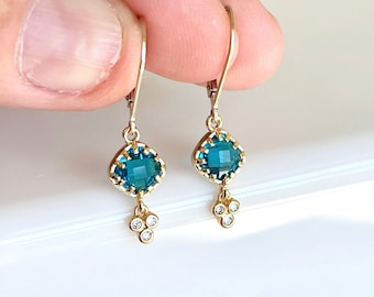 Blue Apatite Earrings, Teal Blue Diamond Shape  Tiny Earrings, Small Dangle Drops Gold or Silver, Summer Earrings, Holiday Gift for Boy Mom