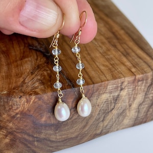 Pearl and Aquamarine Earrings, White and Blue Dangle Drops, Elegant Pearl Beaded Earrings Gold or Silver, June Birthstone, Gift for women image 8