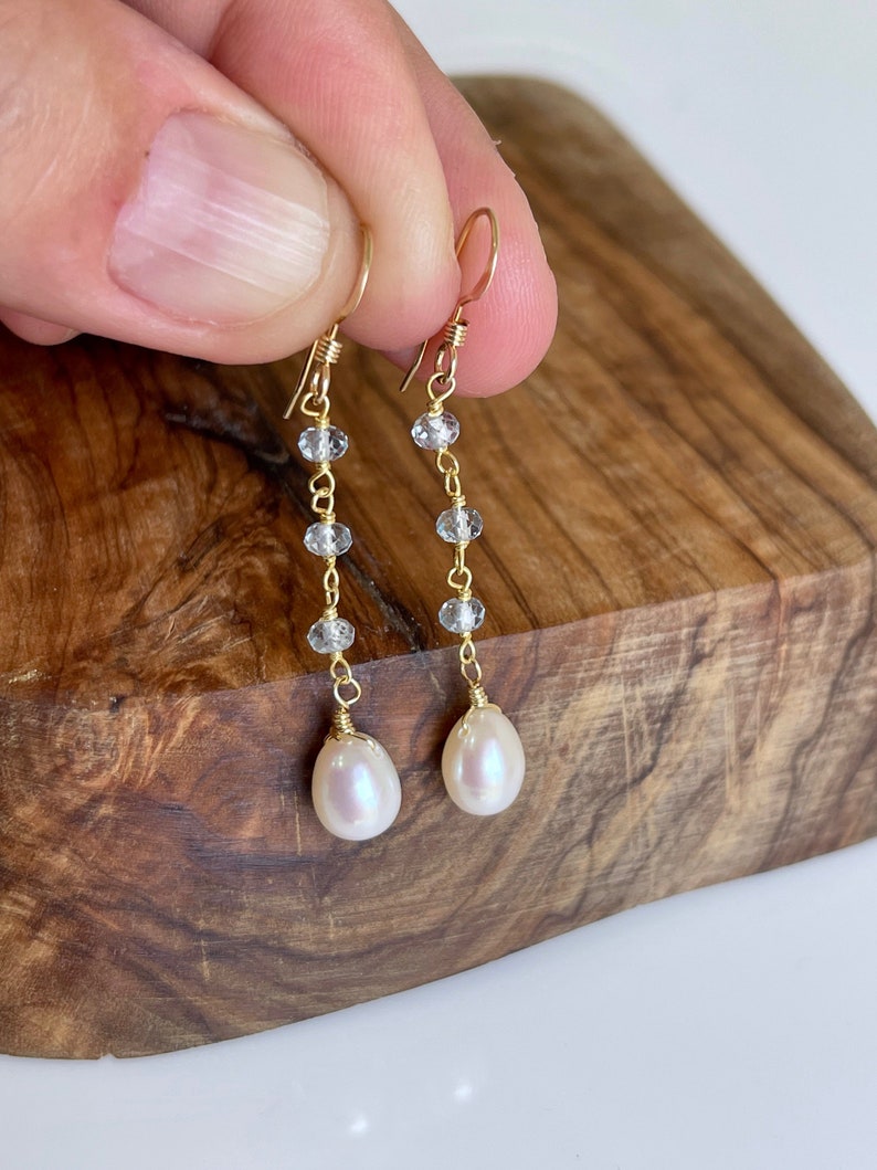Pearl and Aquamarine Earrings, White and Blue Dangle Drops, Elegant Pearl Beaded Earrings Gold or Silver, June Birthstone, Gift for women image 8