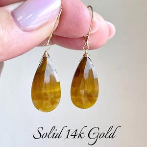 Tiger&#39;s Eye Earrings, Yellow and Brown Solid 14k Gold Teardrop Earrings, Tigers Eye Statement Pointy Drop Earrings, One of a Kind Mom Gift