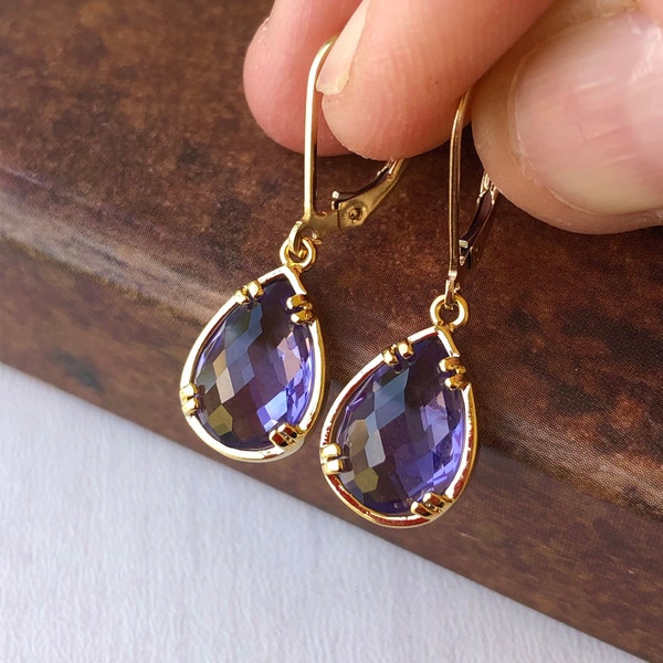 Amethyst Earrings, February Birthstone, Purple Teardrop Gem Earrings in Gold or Silver, Purple Jewelry, Lavender Earrings, Gift for women