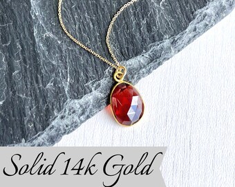Garnet Necklace, January Birthstone, Solid 14K Gold Necklace, Minimalist Red Oval Pendant, Garnet Jewelry, Real Gold Holiday Gift for women