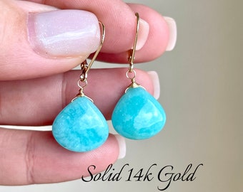 Amazonite Earrings, Natural Aqua Blue Amazonite Statement Teardrop Earrings in Real Solid 14k Yellow Gold, Summer Jewelry, Mother's Day Gift