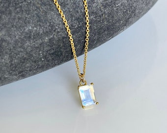 Rainbow Moonstone Necklace, June Birthstone, Tiny White Baguette Pendant in Gold, Minimalist Rectangle Layering Moonstone Jewelry Mom Gift