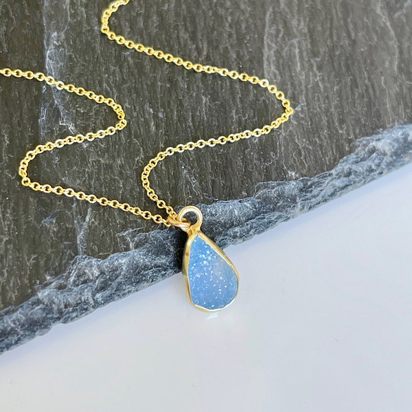 Blue Druzy Necklace, Blue Crystal Pendant, Blue Teardrop Necklace, Minimalist Crystal Necklace, Gold Layering Jewelry, Boho Gift for her