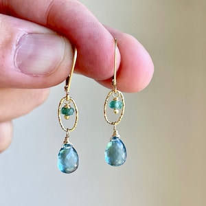 Blue Topaz and Emerald Teardrop Earrings, Blue and Green Statement Earrings in Gold Filled, Natural Emerald Drop Earrings, Blue Gift for her