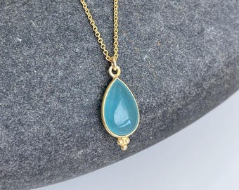 Milky Aquamarine Necklace, March Birthstone, Minimalist Aqua Blue Teardrop Pendant Gold and Silver, Delicate Layering Boho Chic Jewelry Gift