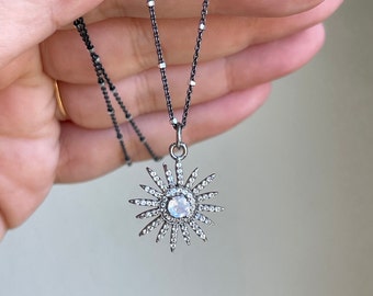 Rainbow Moonstone Stardust Necklace, White Topaz and Moonstone Tiny Charm Pendant, Pave Topaz Star Oxidized Silver Jewelry Mother's Day Gift