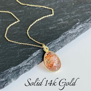 Orange Sunstone Necklace, Solid Gold Necklace, 14K Gold, Orange Sunstone Minimalist Layering Pendant, Anniversary Gift, Gold gift for her