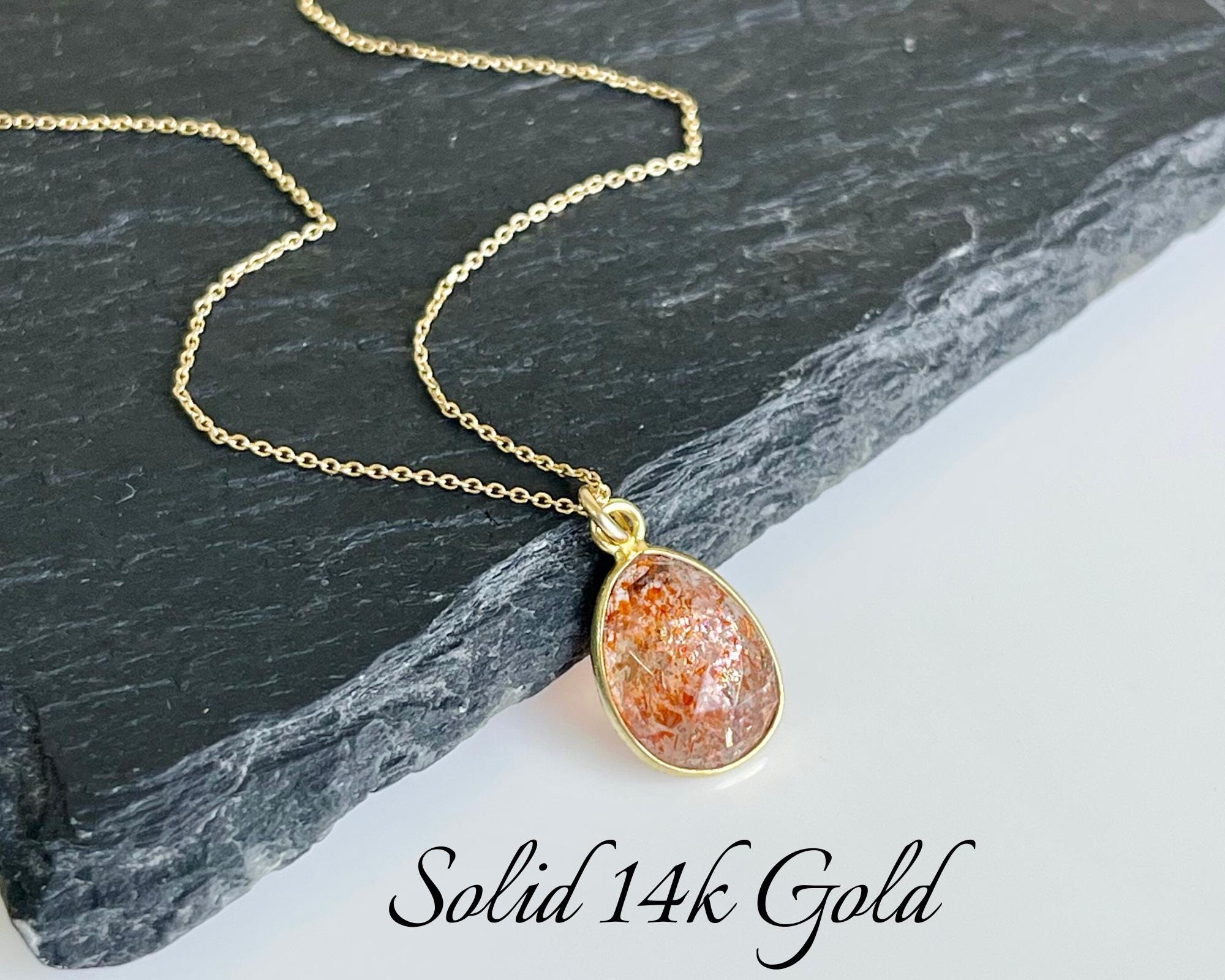 Orange Sunstone Necklace, Solid Gold Necklace, 14K Gold, Orange Sunstone Minimalist Layering Pendant, Anniversary Gift, Gold gift for her