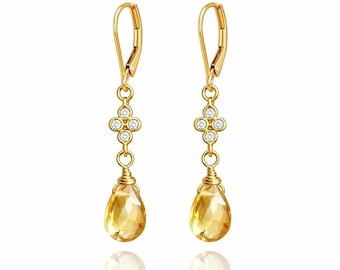 Citrine Earrings, November Birthstone, Yellow Teardrop Dangle Earrings, Minimalist Gold Earrings, Small Citrine Jewelry, Gift for women