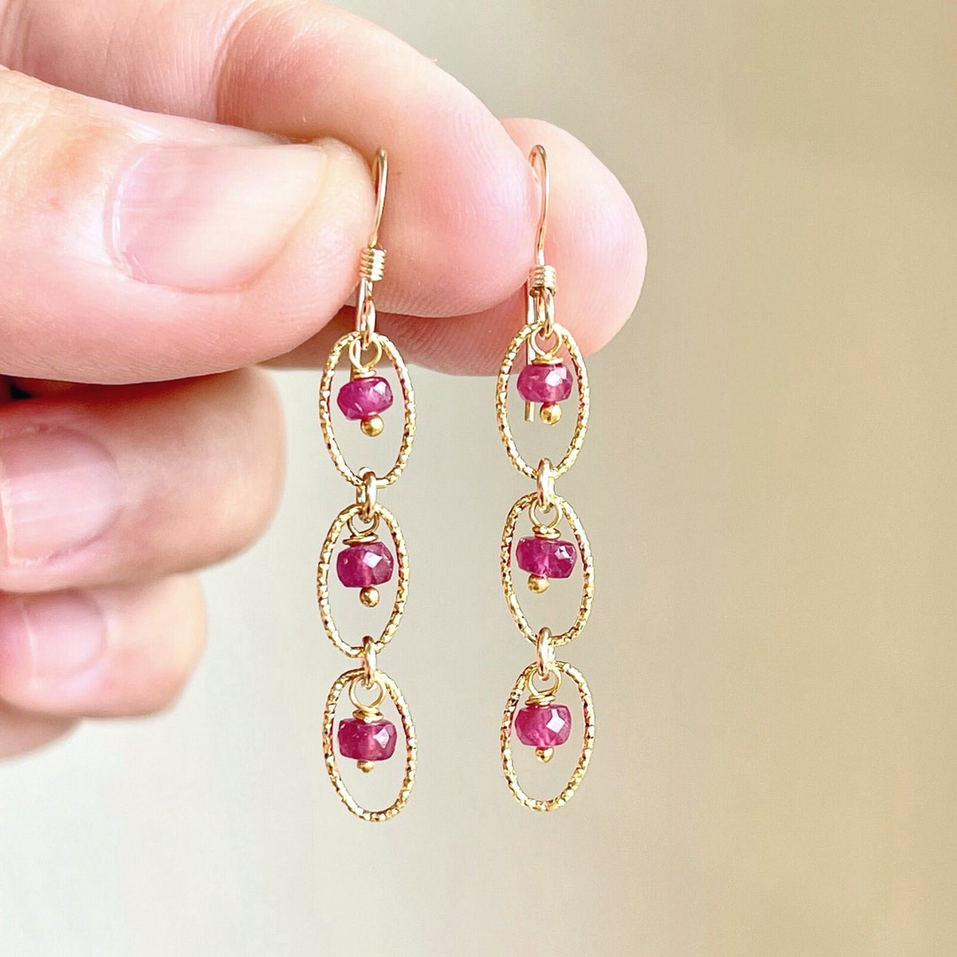 Pink Sapphire Earrings, September Birthstone, Dainty Hot Fuchsia Dangle