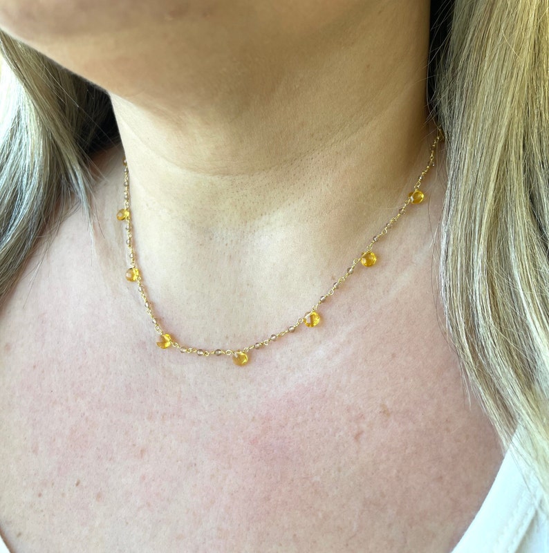 Yellow Topaz Necklace, November Birthstone, Yellow Beaded Choker in Gold Filled, Wire wrapped Dainty Minimalist Necklace, Mother's Day Gift image 3