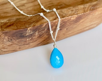 Turquoise Necklace, December Birthstone, Aqua Blue Teardrop Pendant in Gold or Silver, Satellite Chain Summer Layering Necklace Gift for her