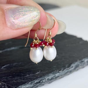 Pearl and Ruby Earrings, July Birthstone, Small Ruby Earrings, Dainty Pearl Earrings, Birthday Gift, Delicate Pearl Gold Earrings for her