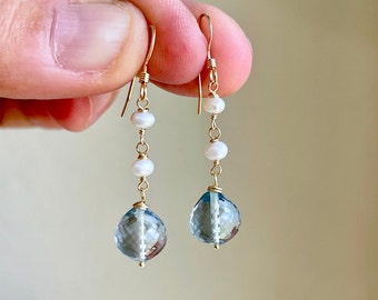 Aquamarine and Pearl Earrings, Blue and White Dangle Drops, Elegant Beaded Earrings Gold or Silver, March and June Birthstone, Gift for her