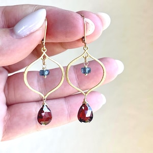 Garnet and Blue Tourmaline Earrings, Red and Blue Arabesque Statement Jewelry, Garnet Birthstone, Boho Summer Earrings Gold or Silver Gift