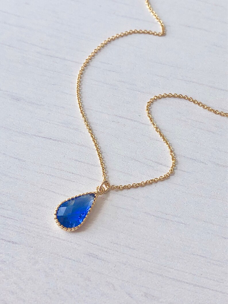 Blue Quartz Teardrop Necklace Gift for her September Birthstone Royal Blue Necklace Dainty Minimal Gold Necklace Small Sapphire Pendant