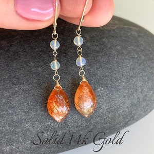 Sunstone and Opal Earrings, Solid 14k Gold Orange Sunstone Teardrop Drops, Elegant Opal Beaded Jewelry Real Gold, Gemstone Gift for women