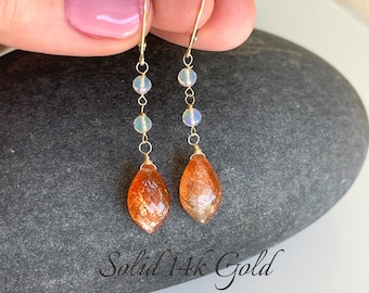 Sunstone and Opal Earrings, Solid 14k Gold Orange Sunstone Teardrop Drops, Elegant Opal Beaded Jewelry Real Gold, Gemstone Gift for women