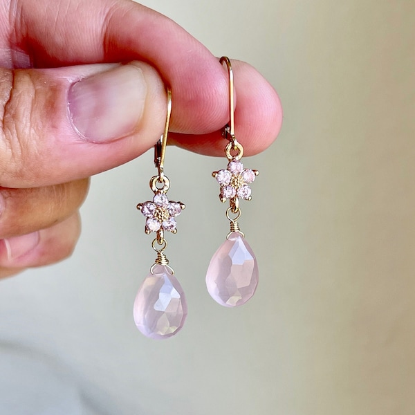 Rose Quartz and Pink Zircon Earrings, Pink Flower Earrings in Gold, Pastel Pink Floral Jewelry, Unconditional Love, Elegant Gift for women