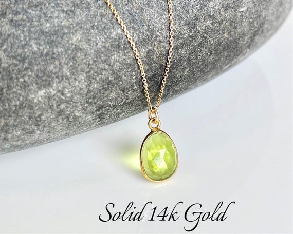 Peridot Necklace, Lime Green Peridot Pendant in Solid 14k Gold, August Birthstone, Peridot Jewelry Anniversary Gift, Birthday gift for her