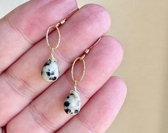 Dalmatian Jasper Earrings, Black and White Teardrop Earrings in Gold or Silver, Minimalist spotted pattern Jewelry, Simple Drop Gift for her