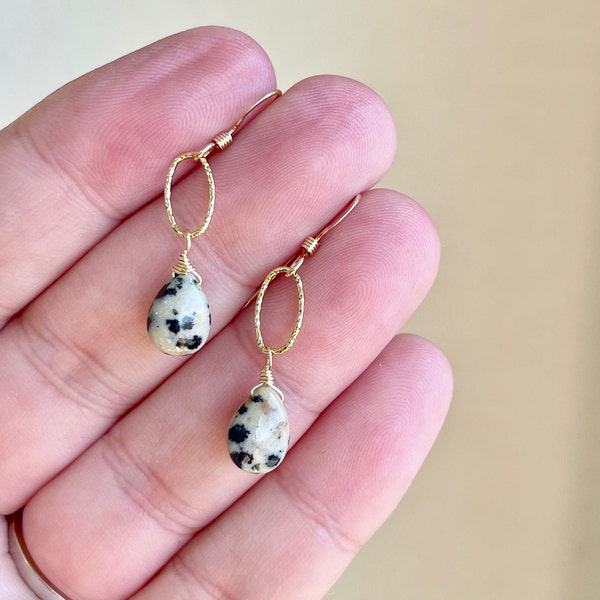 Dalmatian Jasper Earrings, Black and White Teardrop Earrings in Gold or Silver, Minimalist spotted pattern Jewelry, Simple Drop Gift for her