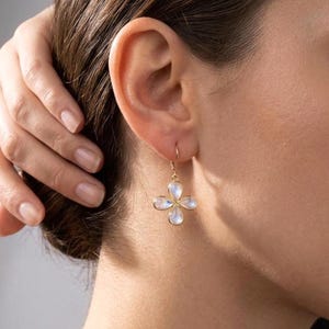 Rainbow Moonstone Flower Earrings, June Birthstone, Flashy Moonstone Clover Bezeled Earrings in Gold or Silver, Summer Light Jewelry for Mom image 7