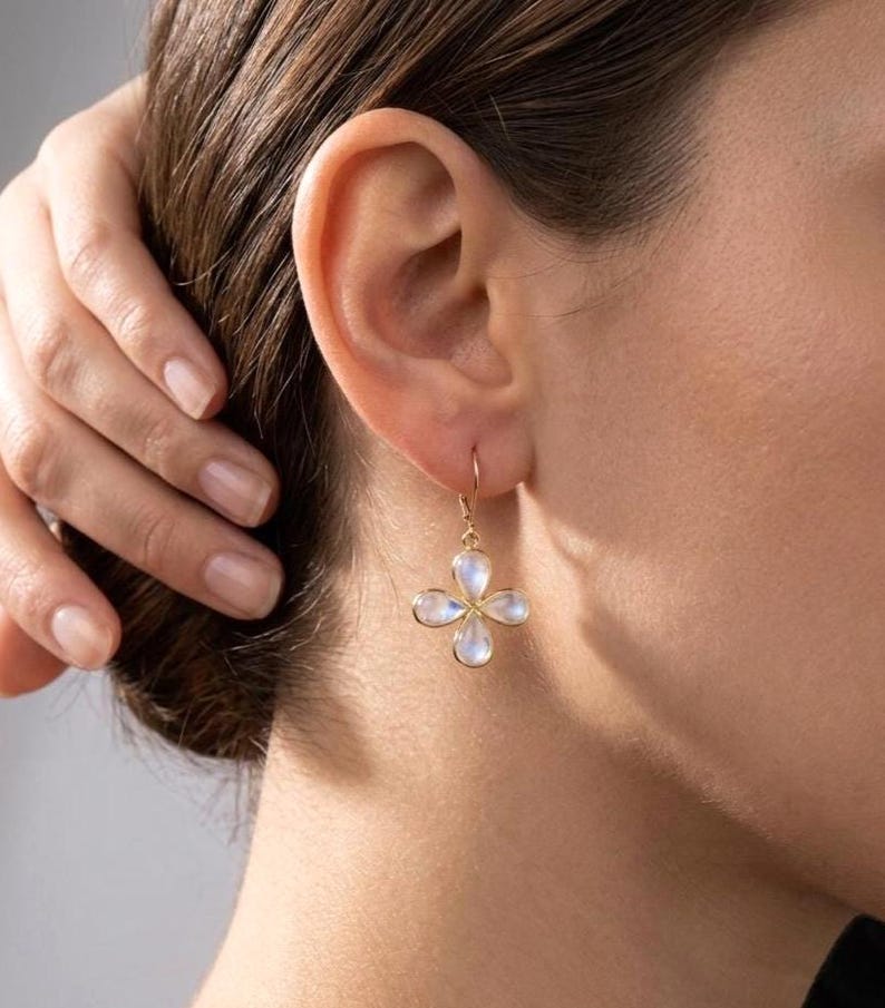 Rainbow Moonstone Flower Earrings, June Birthstone, Flashy Moonstone Clover Bezeled Earrings in Gold or Silver, Summer Light Jewelry for Mom image 7