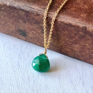 Emerald Necklace, Green Raw Emerald Teardrop Pendant, Minimalist Jewelry in Gold or Silver, May Birthstone, Layering Necklace Gift for women