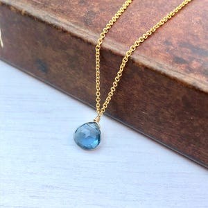London Blue Topaz Teardrop Necklace, December Birthstone, Dark blue Minimalist Drop Pendant in Gold or Silver, Layering Jewelry Gift for her
