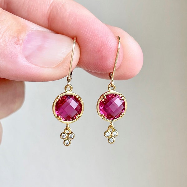 Pink Tourmaline Quartz Earrings, October Birthstone, Round Hot Pink Earrings in Gold or Silver, Tiny Fuchsia Jewelry Holiday Gift for women